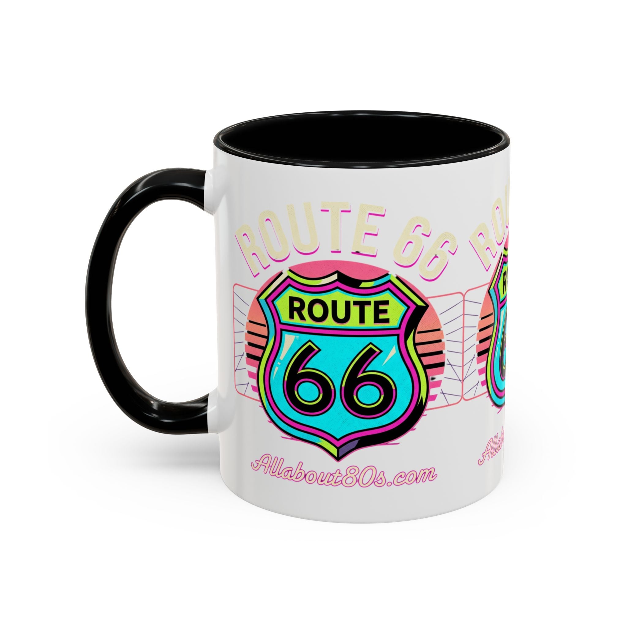 Route 66 Neon Shield Accent Coffee Mug — Retro Road Trip Travel Gift (11/15 oz)
