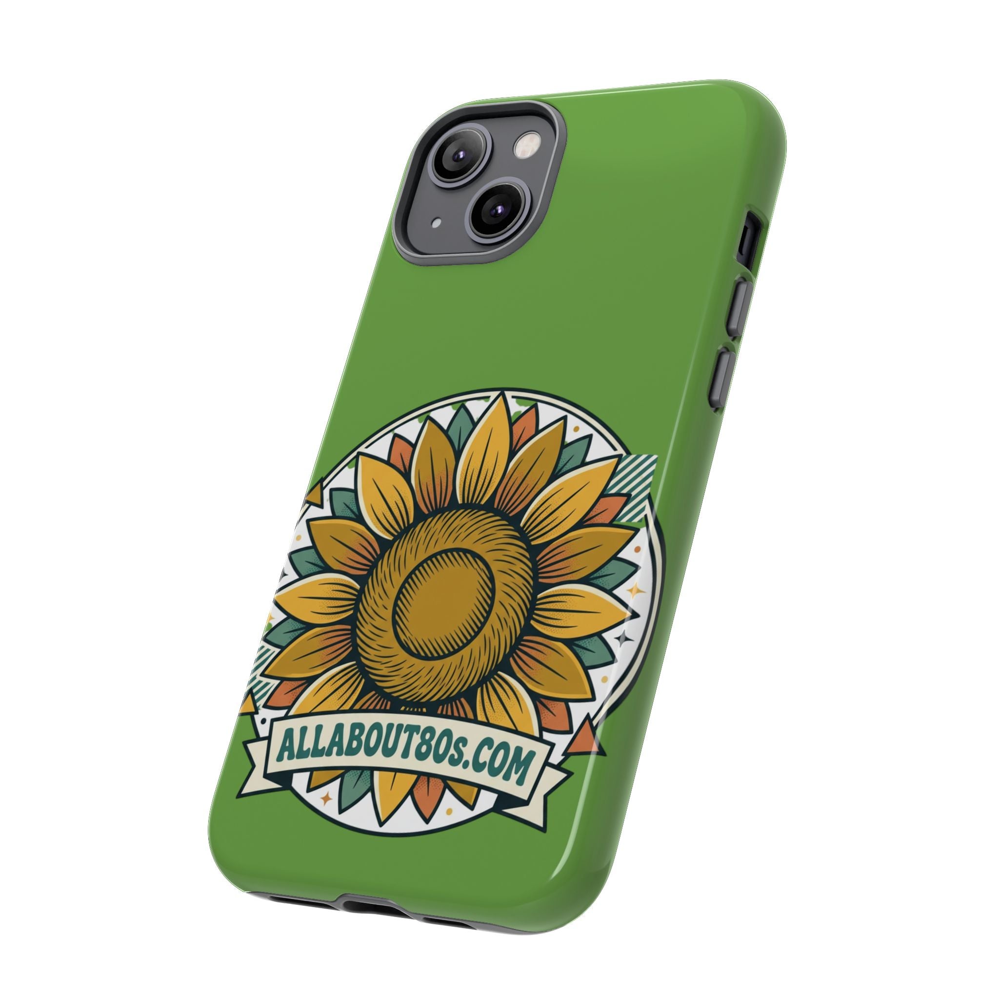 Sunflower Tough Phone Case – Green Floral Protective Case with "AllAbout80s.com" Banner