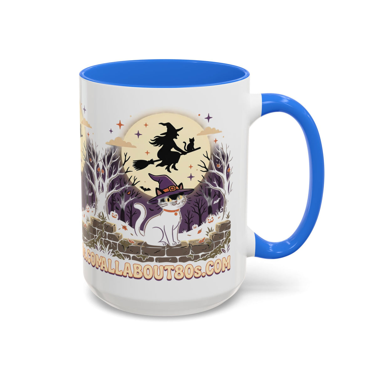 Halloween Cat Witch Mug – Cute Witch Hat Cat with Flying Witch Silhouette (11oz/15oz)