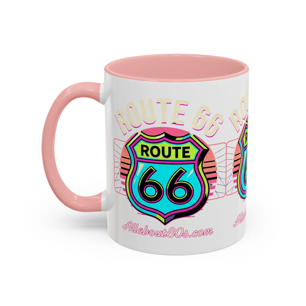 Route 66 Neon Shield Accent Coffee Mug — Retro Road Trip Travel Gift (11/15 oz)