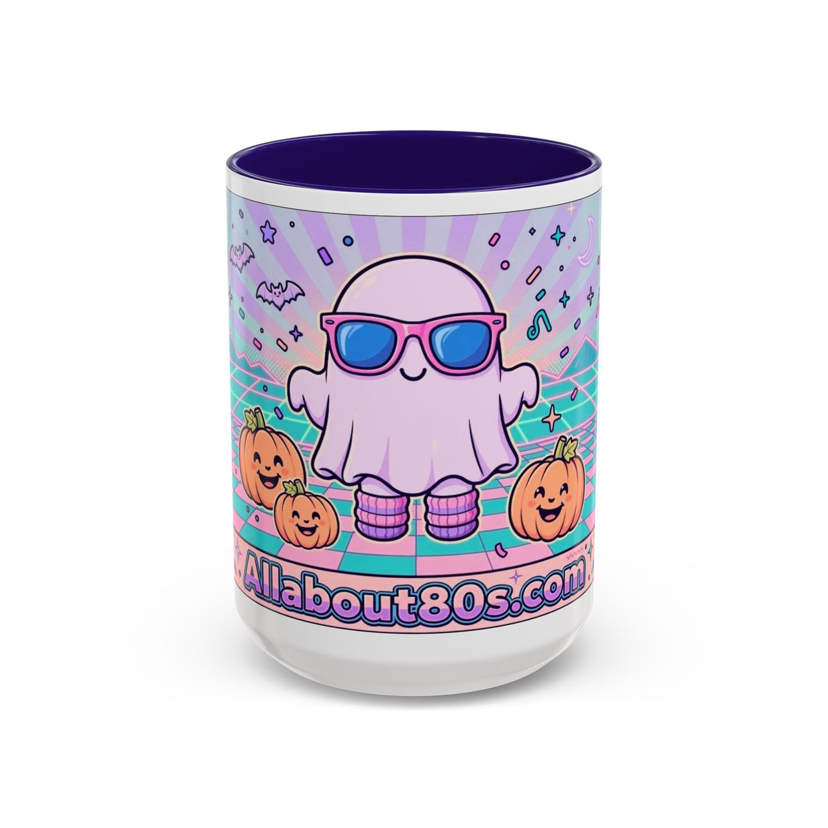 80s Vaporwave Ghost Coffee Mug — Cute Halloween Pumpkin Retro Design (11oz/15oz)