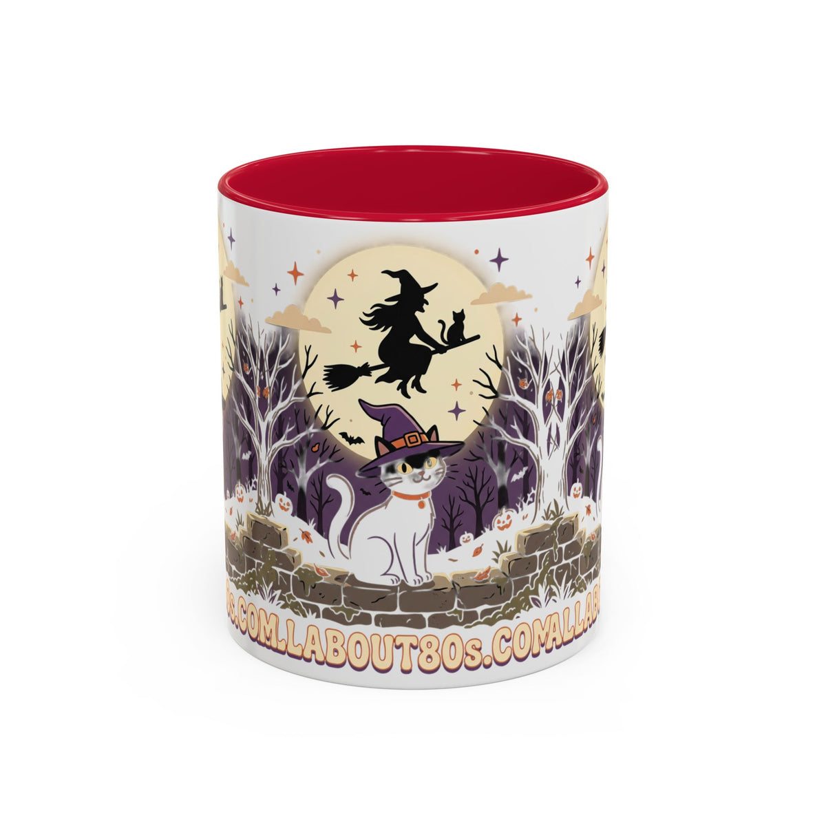 Halloween Cat Witch Mug – Cute Witch Hat Cat with Flying Witch Silhouette (11oz/15oz)
