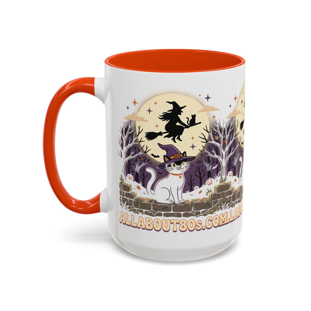 Halloween Cat Witch Mug – Cute Witch Hat Cat with Flying Witch Silhouette (11oz/15oz)