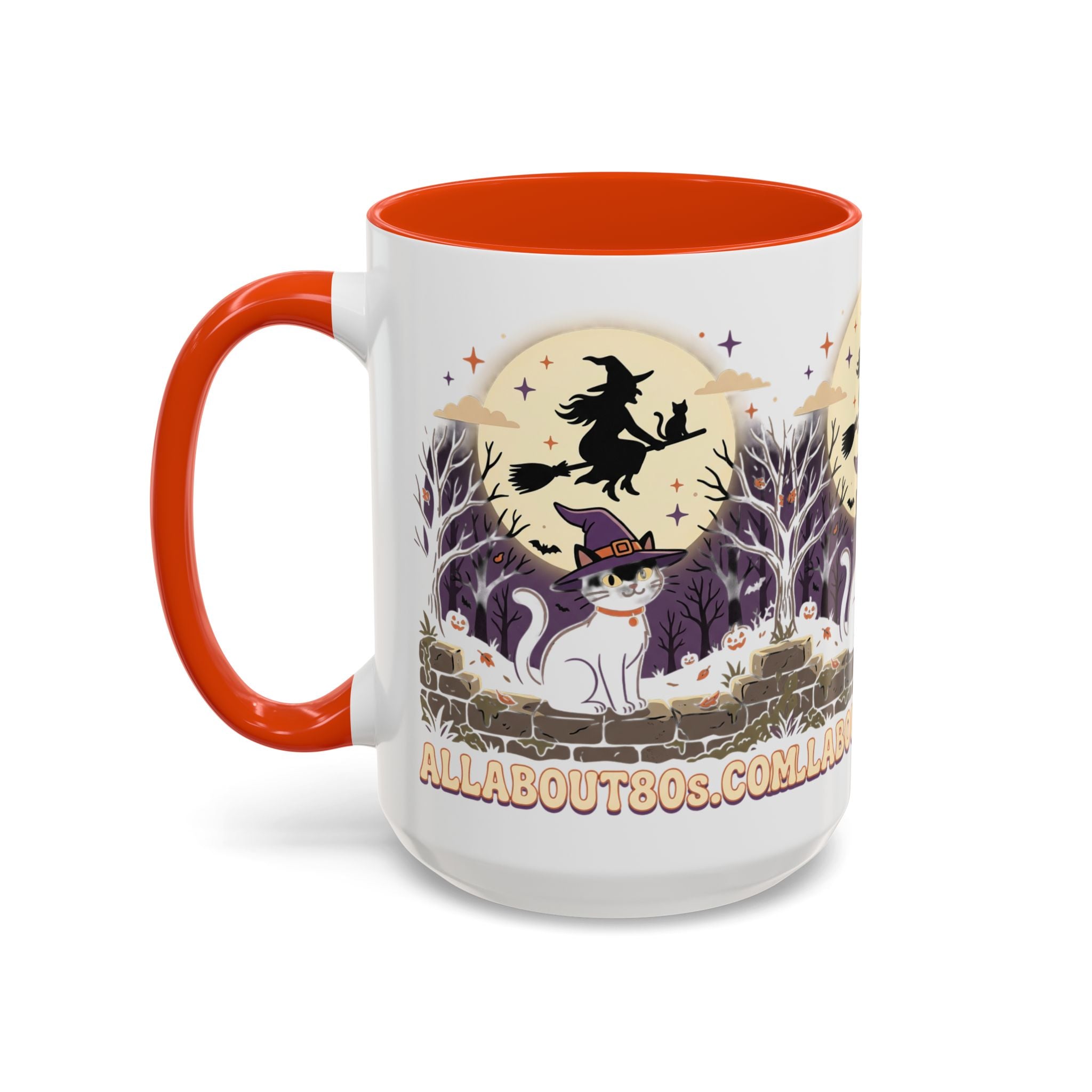 Halloween Cat Witch Mug – Cute Witch Hat Cat with Flying Witch Silhouette (11oz/15oz)