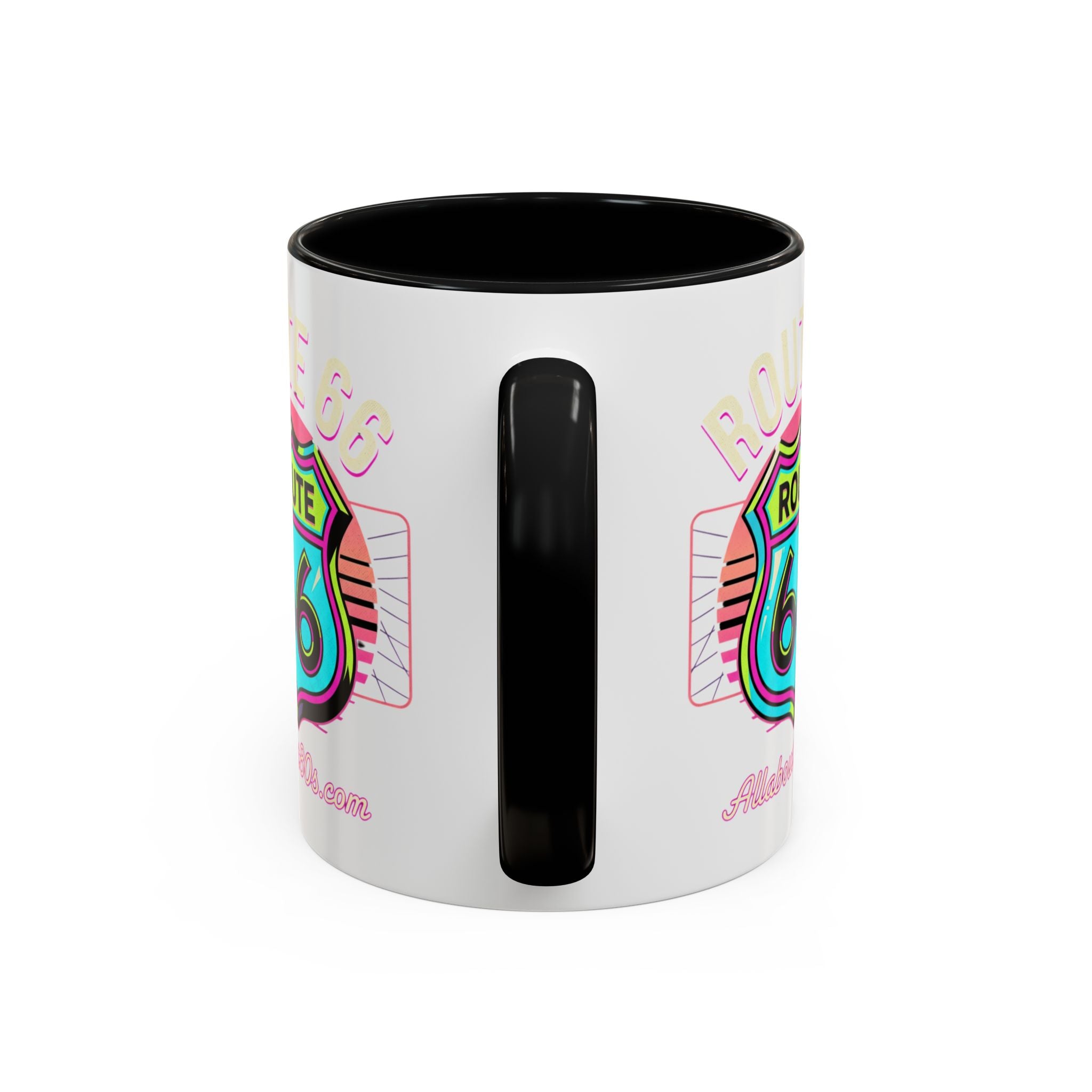 Route 66 Neon Shield Accent Coffee Mug — Retro Road Trip Travel Gift (11/15 oz)